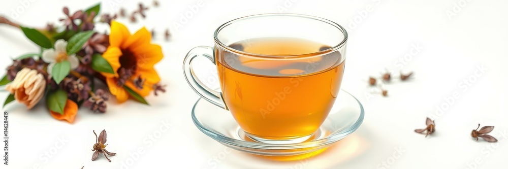 Enjoying herbal tea with fresh flowers on a white table in a cozy setting during afternoon relaxation Enjoying herbal tea with fresh flowers on a white table in a cozy setting during afternoon relaxation