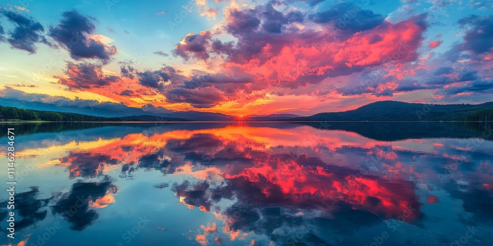 Colorful sky and clouds reflected in the lake at sunset create a stunning view. This serene sunset highlights the beauty of color in the sky and clouds above the lake. Colorful sky and clouds reflected in the lake at sunset create a stunning view. This serene sunset highlights the beauty of color in the sky and clouds above the lake.