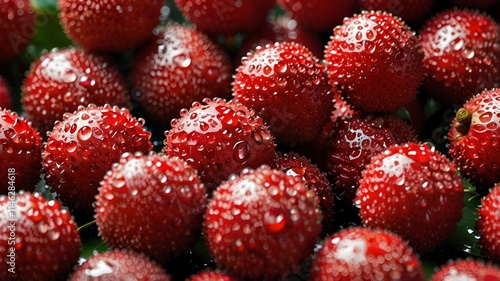 Lot of Red litchies with water droplets on them photo