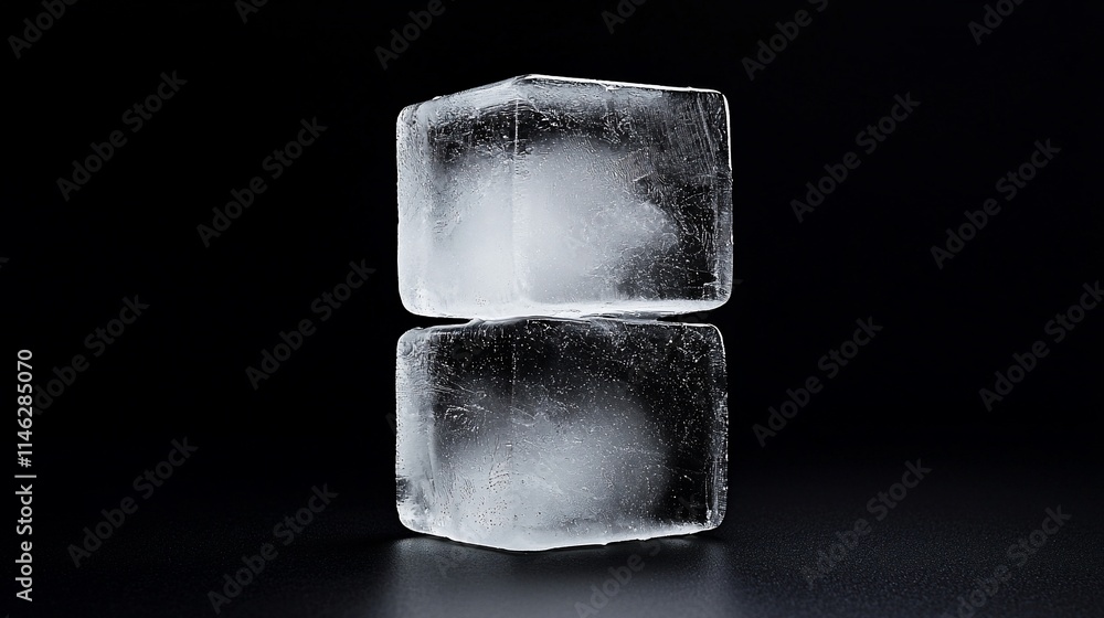 Two pristine ice cubes stacked on black background. Two pristine ice cubes stacked on black background.