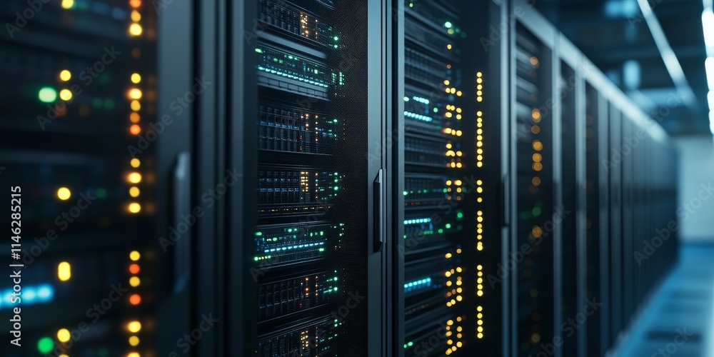 Close up of a server rack featuring supercomputer hardware within a large data center, showcasing advanced technology for efficient big data processing and management in a modern environment. Close up of a server rack featuring supercomputer hardware within a large data center, showcasing advanced technology for efficient big data processing and management in a modern environment.