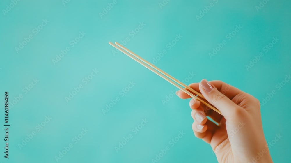 A Closeup Shot of a Hand Holding Wooden Chopsticks Against a Teal Background A Minimalist Food Photography A Closeup Shot of a Hand Holding Wooden Chopsticks Against a Teal Background A Minimalist Food Photography