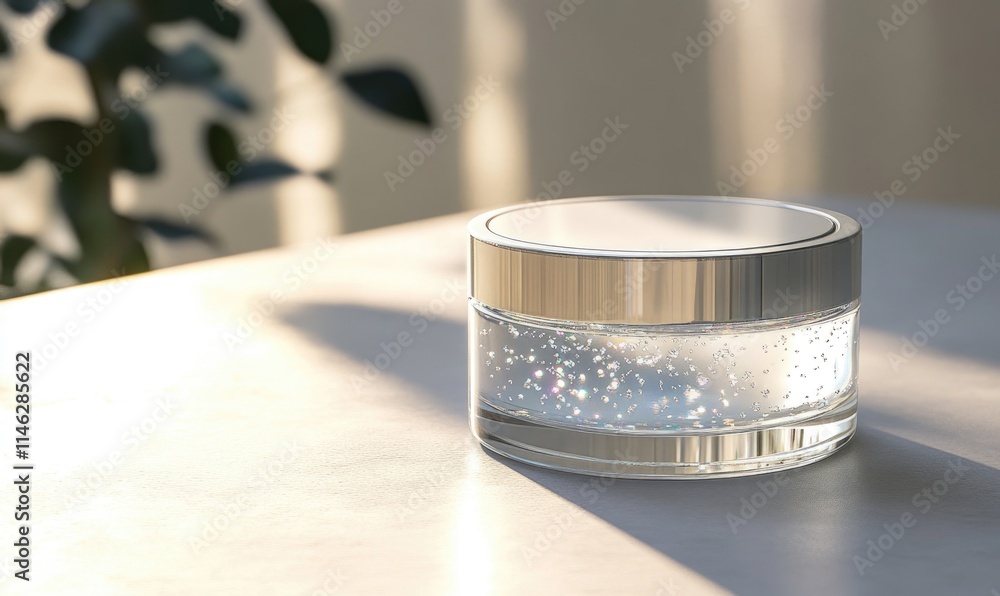 A clear jar with a white lid sits on a table A clear jar with a white lid sits on a table