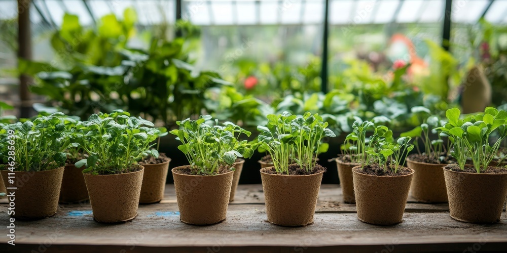 Biodegradable containers containing growing sprouts are positioned in front of a greenhouse surrounded by lush greenery and vibrant plant life. Biodegradable containers containing growing sprouts are positioned in front of a greenhouse surrounded by lush greenery and vibrant plant life.