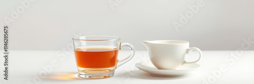 Tea served in a clear glass cup next to a white creamer on a minimalistic table