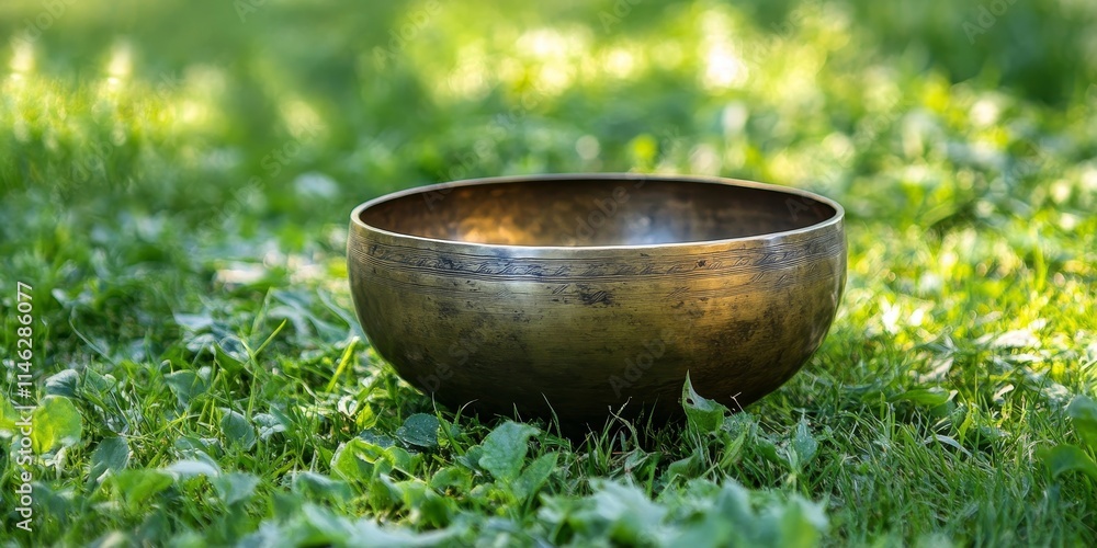 Image of a singing bowl artfully positioned on lush green grass, highlighting the beauty of the singing bowl in a natural setting, emphasizing the calming essence of the singing bowl. Image of a singing bowl artfully positioned on lush green grass, highlighting the beauty of the singing bowl in a natural setting, emphasizing the calming essence of the singing bowl.