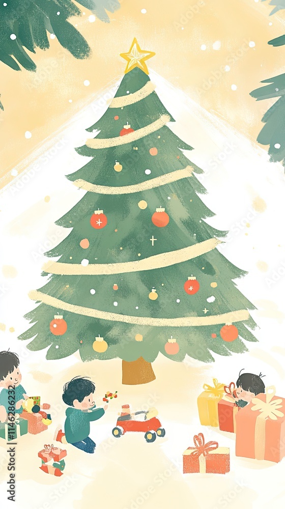 Children playing around a decorated Christmas tree with gifts. Children playing around a decorated Christmas tree with gifts.