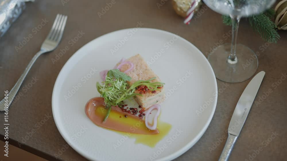 A plate of food with a knife and fork on a table. The plate has a piece of meat and a salad A plate of food with a knife and fork on a table. The plate has a piece of meat and a salad