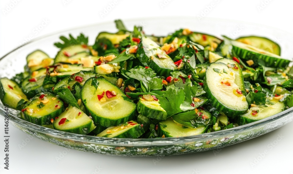 A glass bowl filled with cucumbers and other vegetables A glass bowl filled with cucumbers and other vegetables