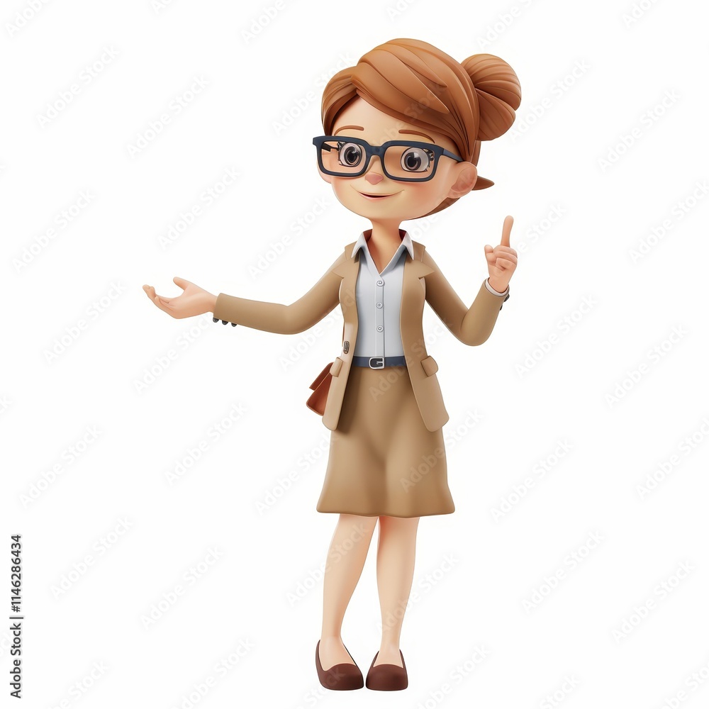 A 3D cartoon woman wearing glasses and a beige suit with her hand raised in a gesture of an idea. A 3D cartoon woman wearing glasses and a beige suit with her hand raised in a gesture of an idea.