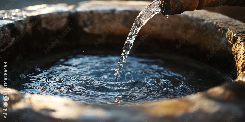 Water flows from the well, showcasing the refreshing essence of water as it emerges from the well, symbolizing the vital source of hydration provided by the well. Water flows from the well, showcasing the refreshing essence of water as it emerges from the well, symbolizing the vital source of hydration provided by the well.