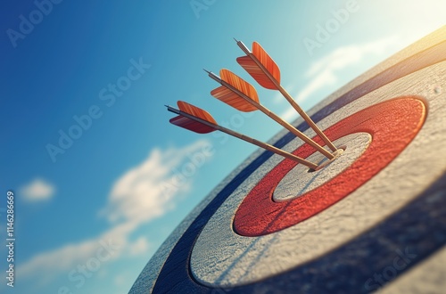 Three arrows hitting the bullseye of a wooden target against a blue sky with clouds. Close-up of a target board with arrows, symbolizing success and achievement.