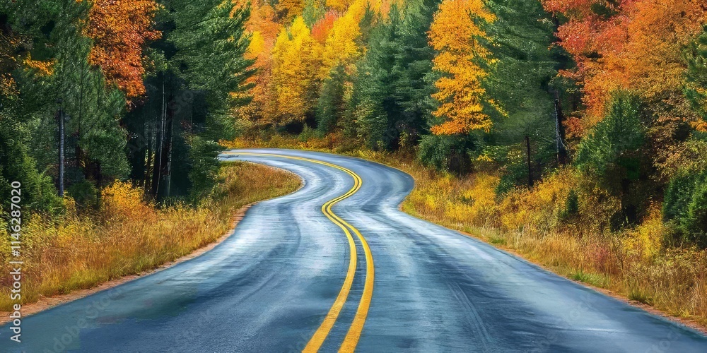 Fototapeta premium A scenic country road winds through a vibrant pine forest, showcasing the stunning autumn colors that create a picturesque country road experience in nature s beauty.