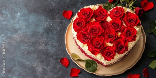 Heart shaped cake paired with red roses creates a perfect Valentine s Day or Mother s Day celebration. This heart shaped cake and red roses arrangement adds charm to any occasion. Top view with copy photo