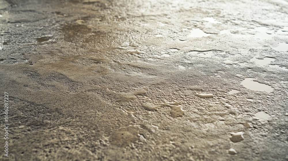 Naklejka premium Raindrops create distinct patterns on the concrete floor during rainfall, showcasing the beauty of rain as drops fall and interact with the textured surface of concrete.