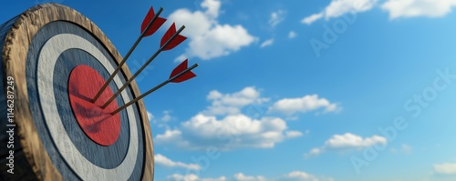 Three arrows hitting the bullseye of a wooden target against a blue sky with clouds. Close-up of a target board with arrows, symbolizing success and achievement.