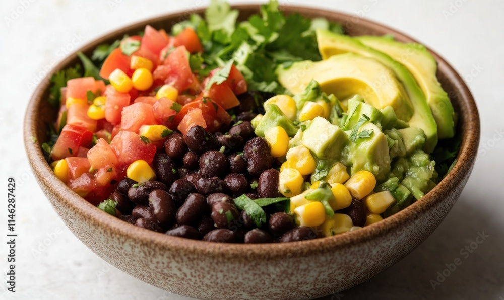 A bowl of food with corn, tomatoes, and avocado A bowl of food with corn, tomatoes, and avocado