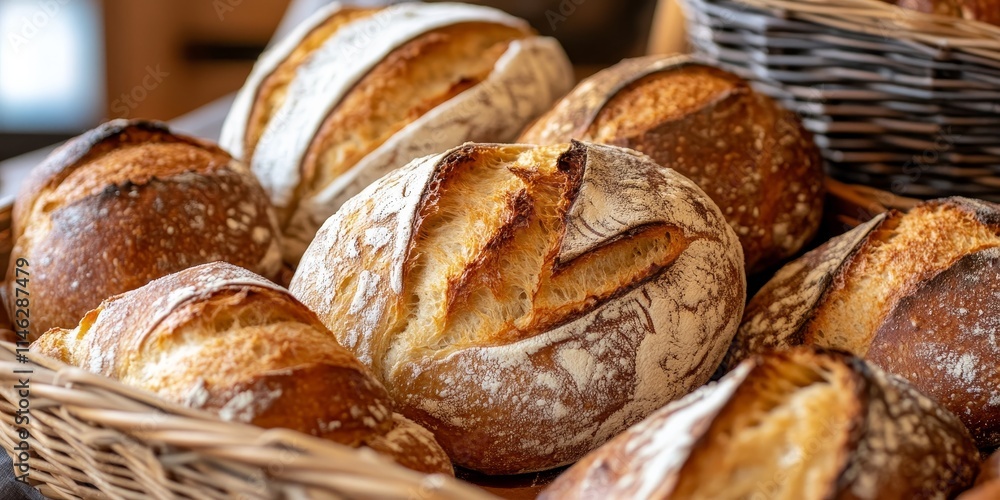 Close up view of freshly baked loaves of bread arranged in a basket. This baked bread showcases the art of bread making, highlighting the texture and warmth of the baked loaves. Close up view of freshly baked loaves of bread arranged in a basket. This baked bread showcases the art of bread making, highlighting the texture and warmth of the baked loaves.