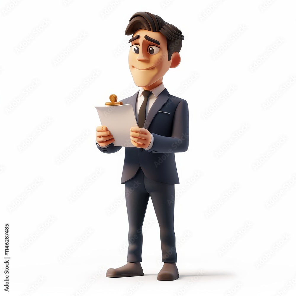 A 3D cartoon businessman in a suit, holding a clipboard with a pen. A 3D cartoon businessman in a suit, holding a clipboard with a pen.