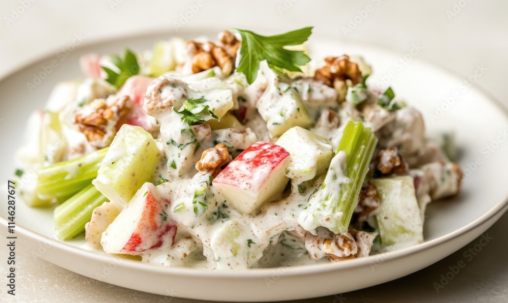 A white plate with a salad on it A white plate with a salad on it