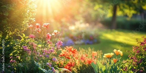 Morning sun rays illuminate a summer garden. Colorful flowers create a vivid natural backdrop. Lush greenery and vibrant blooms thrive in this peaceful oasis.