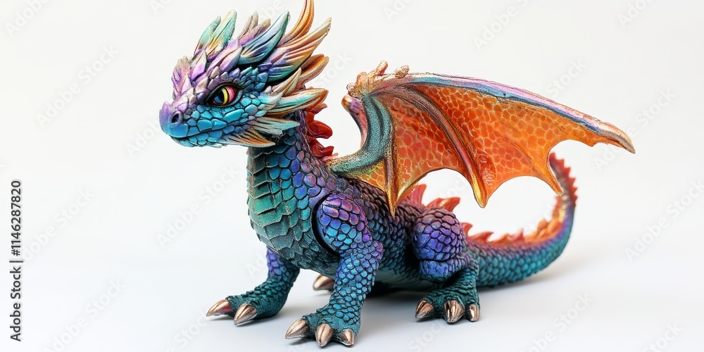 Fototapeta premium Fantasy dragon toy displayed on a white background, showcasing the imaginative design of the fantasy dragon and its vibrant features, perfect for capturing the essence of a fantasy dragon theme.