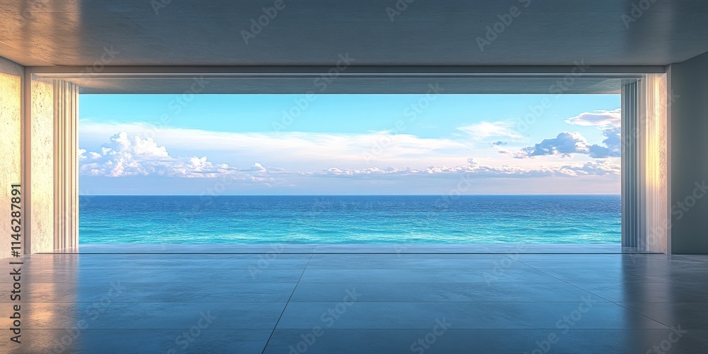 Room that is devoid of furnishings, complemented by a scenic background showcasing a view of the ocean, highlighting both emptiness and the beauty of the sea. Room that is devoid of furnishings, complemented by a scenic background showcasing a view of the ocean, highlighting both emptiness and the beauty of the sea.