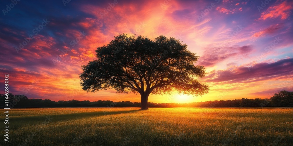 Fototapeta premium A beautiful sunset moment highlights a solitary tree. This impressive tree stands out against the vibrant sunset, creating a stunning visual that captures the beauty of nature.