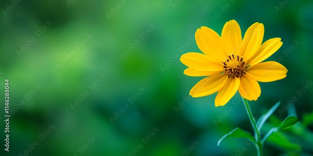 Obraz premium Vibrant yellow flower set against a lush green background, showcasing the stunning contrast of colors in nature, highlighting the beauty of the yellow flower amid greenery.