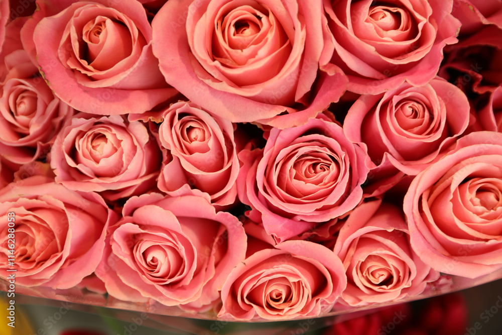 Beautiful bouquet of fresh roses, top view. Floral decor Beautiful bouquet of fresh roses, top view. Floral decor