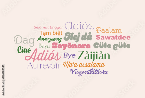 Text typography with word bye, sayonara in different languages. Wallpaper background for hotels or school educational purpose