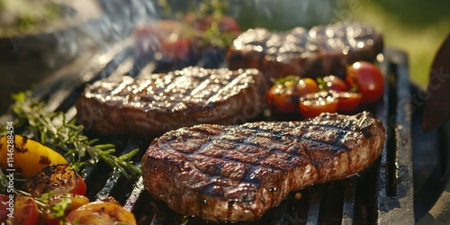 Summer barbecue featuring delicious grilled steaks in a beautiful garden setting, perfect for enjoying the flavors of summer while savoring the grilled steaks with friends and family.