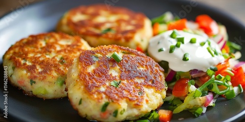 Delicious potato cakes served with creamy sour cream and fresh vegetables, creating the perfect dish that showcases the delightful flavors of potato cakes and their vibrant accompaniments. photo