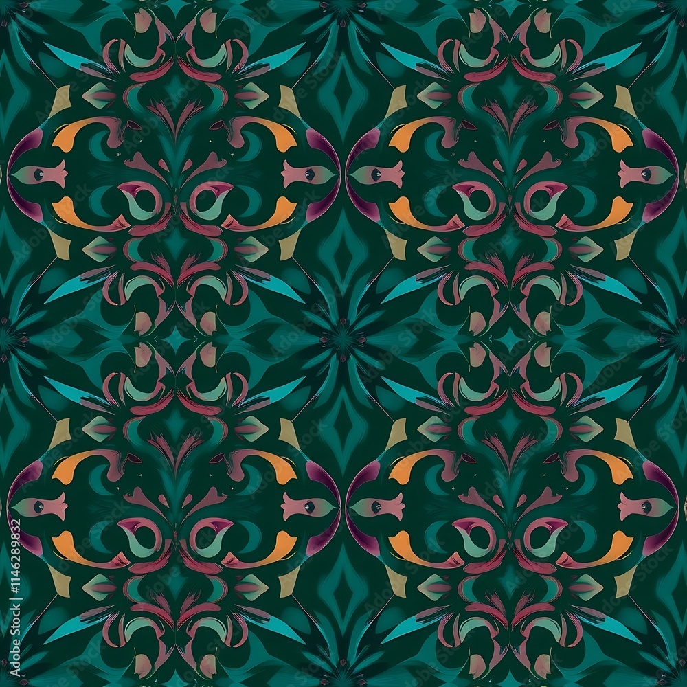 Intricate Floral Damask Pattern: A captivating seamless pattern showcasing an elaborate damask design. The intricate floral motifs are rendered in vibrant hues of teal, orange, and purple. Intricate Floral Damask Pattern: A captivating seamless pattern showcasing an elaborate damask design. The intricate floral motifs are rendered in vibrant hues of teal, orange, and purple.