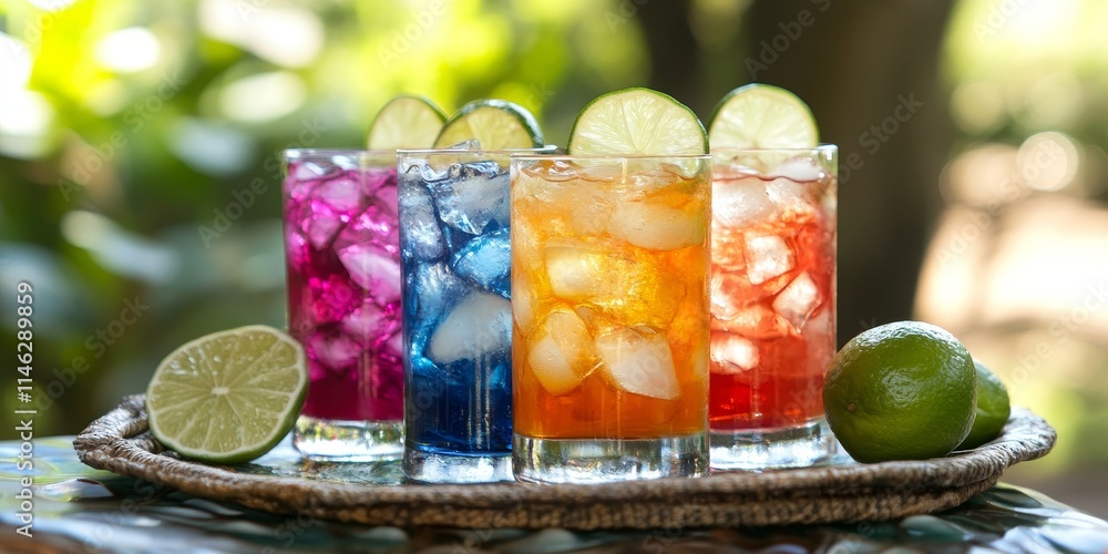 Bright and colorful drinks presented over ice, garnished with slices of lime for added flair. Enjoy these refreshing, vibrant beverages! Bright and colorful drinks presented over ice, garnished with slices of lime for added flair. Enjoy these refreshing, vibrant beverages!