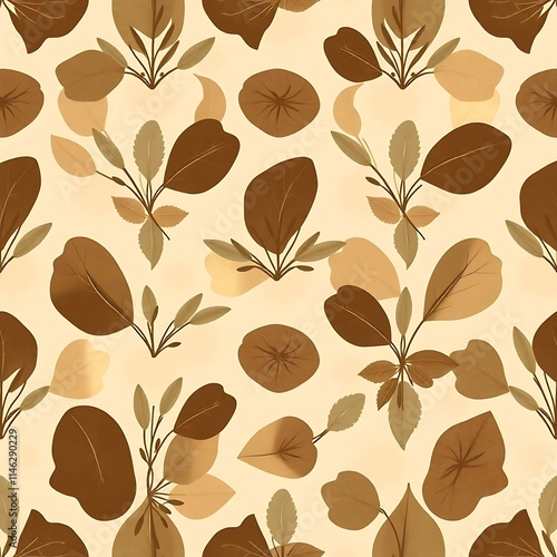 Golden Foliage Seamless Pattern:  A captivating seamless pattern featuring stylized, gold-toned foliage on a warm, cream background.