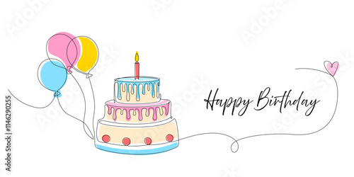 Continuous line drawing of birthday cake with candles and balloons. Birthday cake one line colored drawing in single line art style. Doodle sketch concept. Editable stroke Vector Illustration