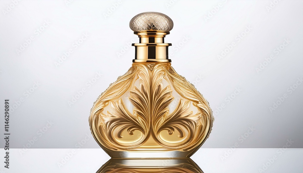An elegant, golden perfume bottle with intricate detailing An elegant, golden perfume bottle with intricate detailing