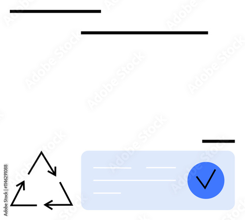 Three arrows forming a recycling triangle beside a blue box with a checkmark. Ideal for environmental awareness, eco-friendly practices, waste management, sustainability, quality assurance