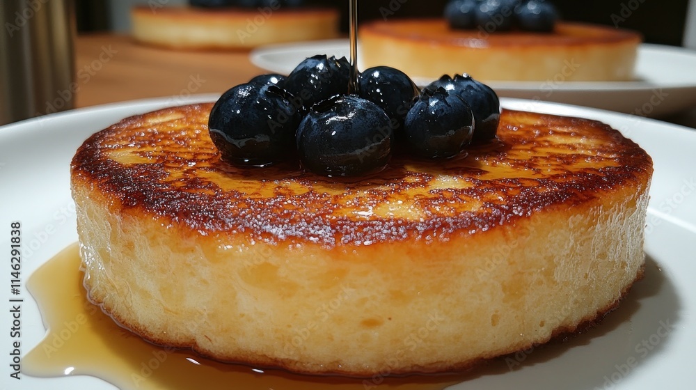 A stack of fluffy pancakes topped with blueberries and syrup, ready to be enjoyed. A stack of fluffy pancakes topped with blueberries and syrup, ready to be enjoyed.