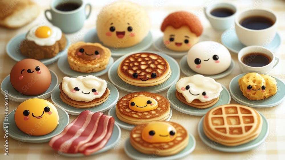 Obraz premium Cute cartoon breakfast food characters on plates with coffee cups.