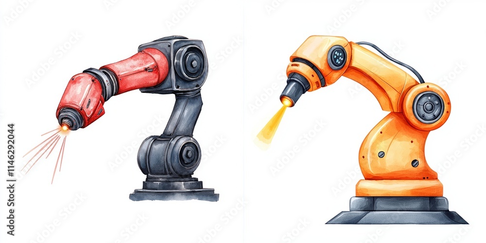 laser beams interaction concept. Two industrial robotic arms in red and orange, showcasing different designs for manufacturing tasks, such as welding and assembly. laser beams interaction concept. Two industrial robotic arms in red and orange, showcasing different designs for manufacturing tasks, such as welding and assembly.