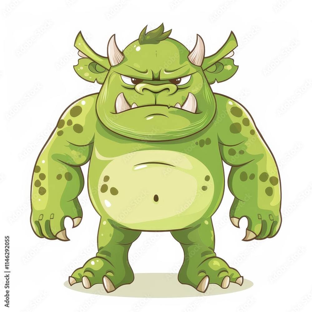 Fototapeta premium A cartoon green monster with sharp teeth and claws standing with an angry expression.