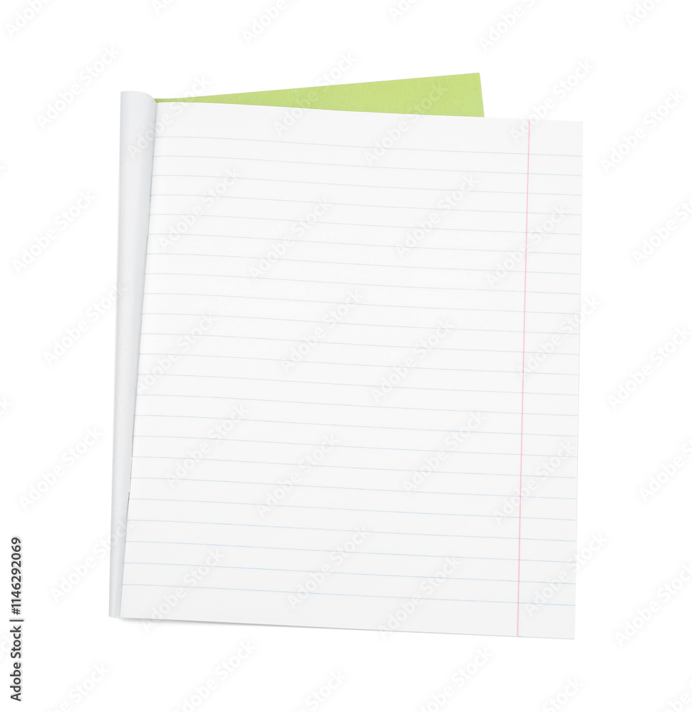 One open copybook isolated on white, top view. School stationery One open copybook isolated on white, top view. School stationery