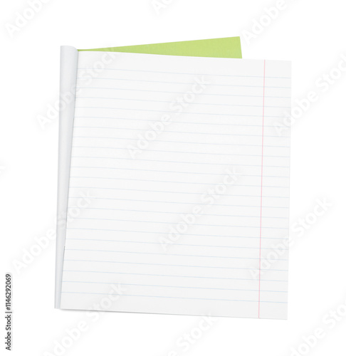 One open copybook isolated on white, top view. School stationery