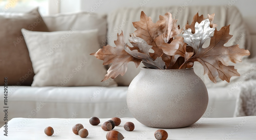 A ceramic vase with silver colored leaves on the coffee table in a modern living room. Creates a cozy and warm atmosphere. Mock up poster frame, vase of dead flowers. A ceramic vase with silver colored leaves on the coffee table in a modern living room. Creates a cozy and warm atmosphere. Mock up poster frame, vase of dead flowers.