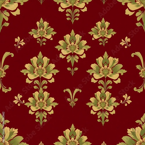 Crimson and Gold Damask Pattern: A timeless and elegant damask pattern, featuring intricate floral motifs in shades of gold against a rich burgundy background.
