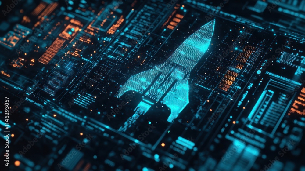 Obraz premium Futuristic rocket ship hologram on a digital circuit board.
