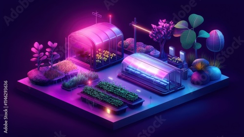 Smart eco farm, remote control smart technologies. Sustainable agriculture, farming in sustainable way, ecosystem oriented growing concept. Bright vibrant violet vector isolated illustration photo