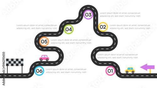 Winding Roadmap with Six Stages, Cars, and Finish Line on Colorful Background